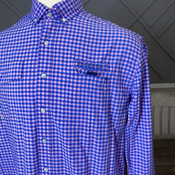 Vineyard Vines Harbor Shirt Blue Pink Check Vented Button Front Men's XL - Picture 3 of 9